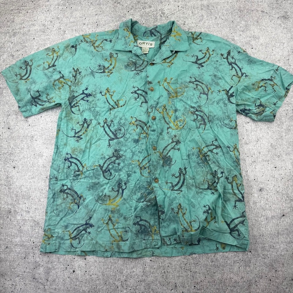 Orvis Hawaiian Tropical Lizard Shirt Mens Large Green Button Short Sleeve Mens L